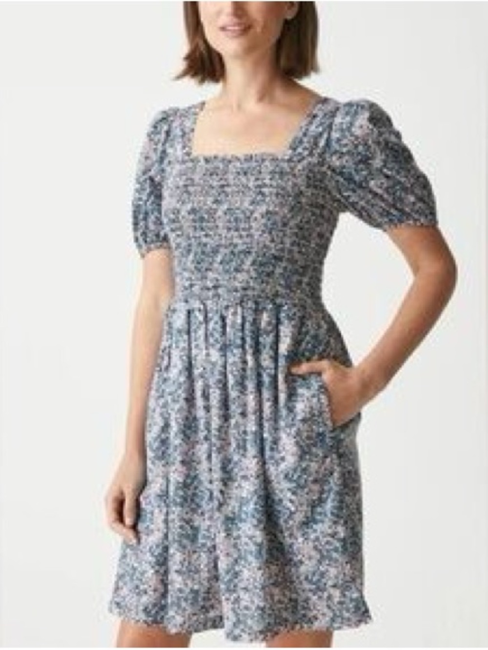 NWOT Michael Stars Blue Floral Smocked Square-Neck Mini Dress